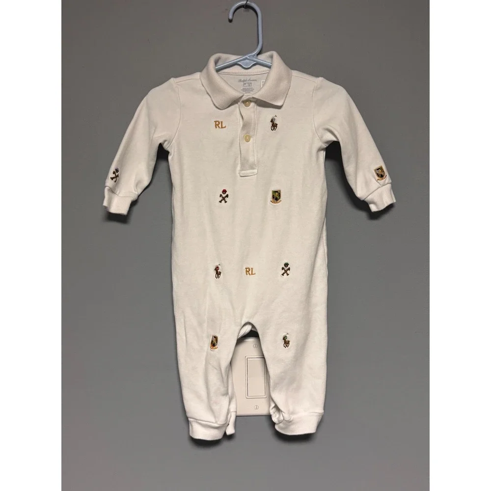 Ralph Lauren Baby Boys White Multi Logo Embroidered Long Sleeve Polo Romper 9M